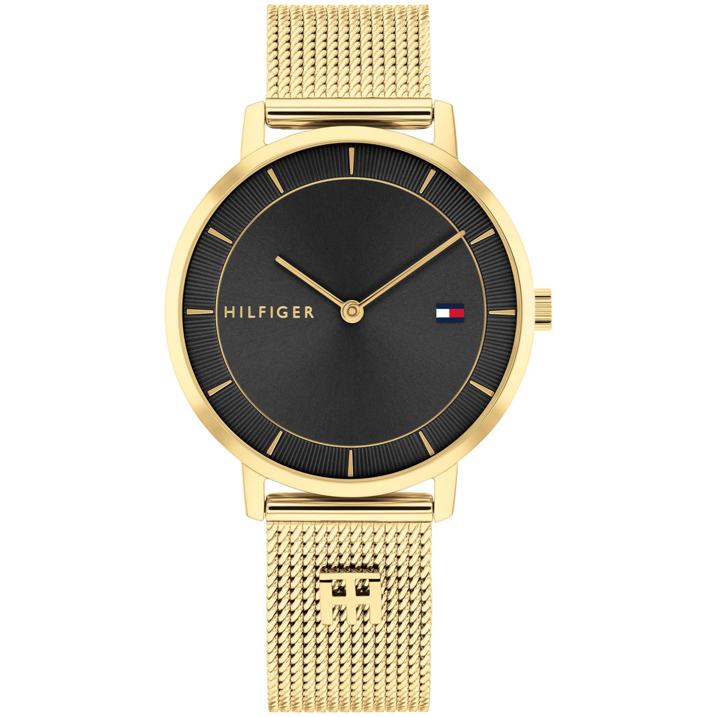 TOMMY HILFIGER LADIES. GOLD PLATED CASE AND MESH BRACELET. BLACK DIAL.