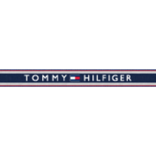 TOMMY HILFIGER LADIES. GOLD PLATED CASE AND MESH BRACELET. BLACK DIAL.